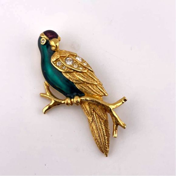 VTG Avon Parrot Bird Brooch Pin Gold‎ Tone Enamel Rhinestones Teal Green Blue - Picture 1 of 6